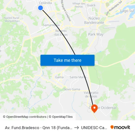 Av. Fund.Bradesco - Qnn 18 (Fundação Bradesco) to UNIDESC-Campus 1 map