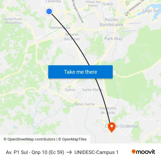 Av. P1 Sul - Qnp 10 (Ec 59) to UNIDESC-Campus 1 map