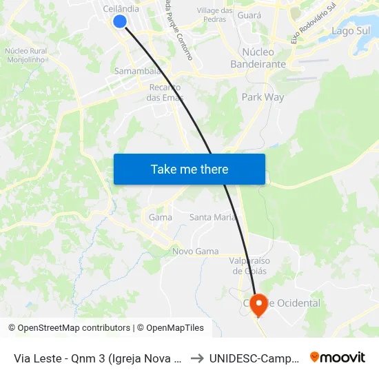 Via Leste - Qnm 3 (Igreja Nova Vida) to UNIDESC-Campus 1 map