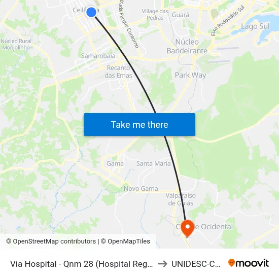 Via Hospital - Qnm 28 (Hospital Regional De Ceilandia) to UNIDESC-Campus 1 map