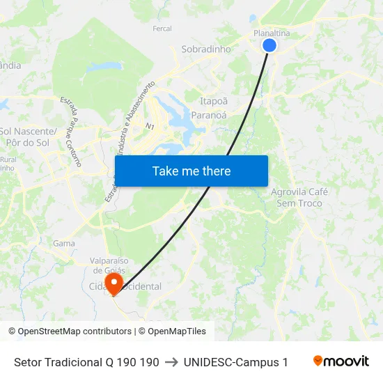 Setor Tradicional Q 190 190 to UNIDESC-Campus 1 map