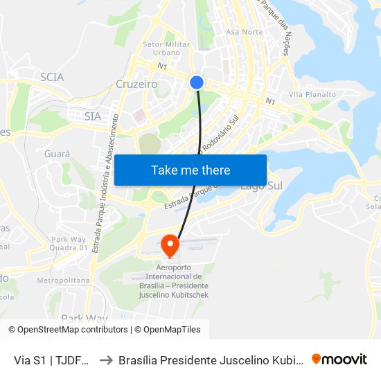 Via S1 | TJDFT / MPDFT / Palácio do Buriti to Brasília Presidente Juscelino Kubitschek International Airport (BSB) (Aeroporto Internacional de Br map