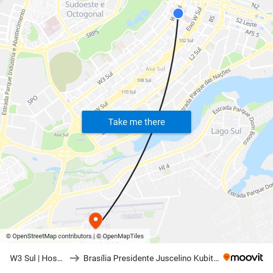 W3 Sul | Hospital SARAH Centro / SRTVS to Brasília Presidente Juscelino Kubitschek International Airport (BSB) (Aeroporto Internacional de Br map