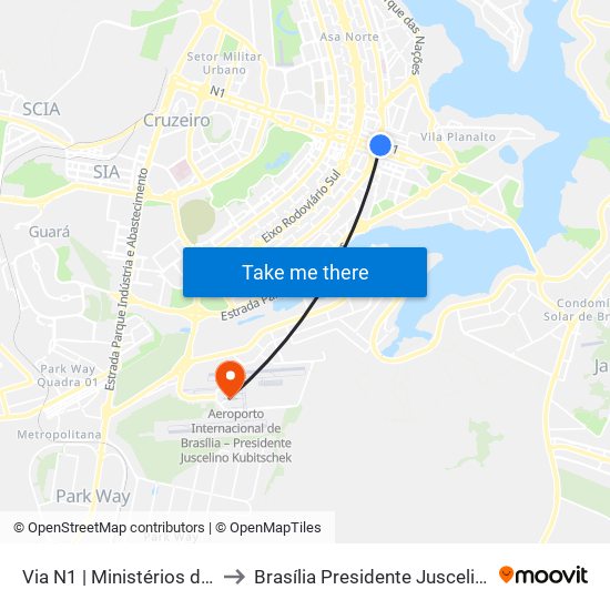 Via N1 | Ministérios do Planejamento e Orçamento / Desenvolvimento e Indústria to Brasília Presidente Juscelino Kubitschek International Airport (BSB) (Aeroporto Internacional de Br map