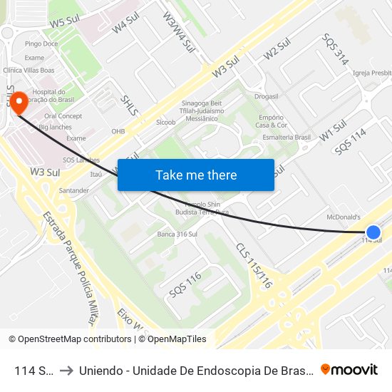 114 Sul to Uniendo - Unidade De Endoscopia De Brasília map