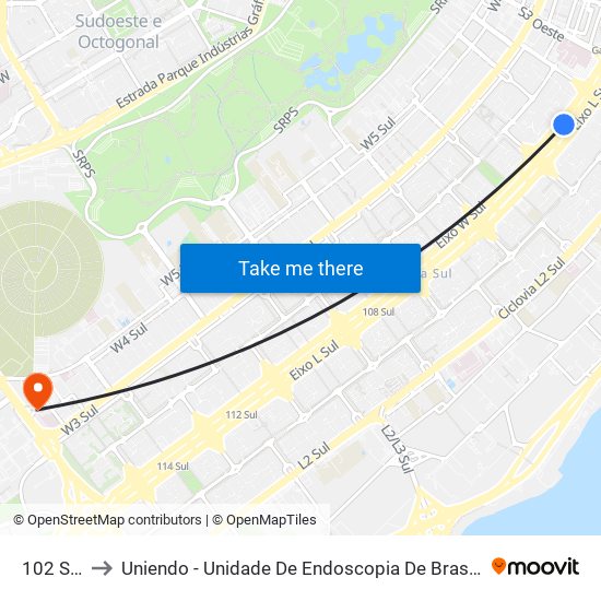 102 Sul to Uniendo - Unidade De Endoscopia De Brasília map