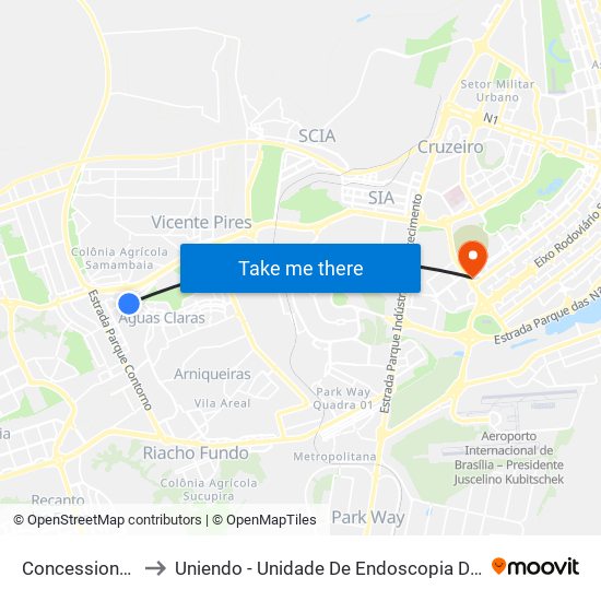 Concessionárias to Uniendo - Unidade De Endoscopia De Brasília map