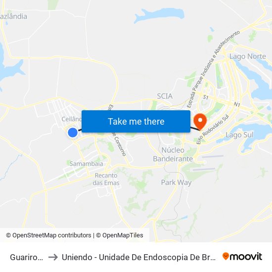 Guariroba to Uniendo - Unidade De Endoscopia De Brasília map