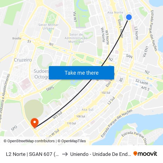 L2 Norte | SGAN 607 (CRE Plano Piloto) to Uniendo - Unidade De Endoscopia De Brasília map