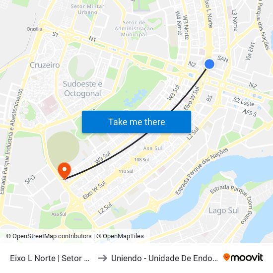 Eixo L Norte | Setor Bancário Norte to Uniendo - Unidade De Endoscopia De Brasília map