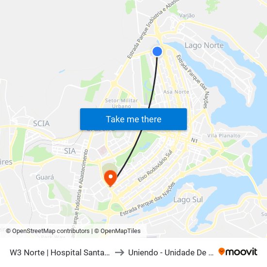 W3 Norte | Hospital Santa Helena / Santa Lúcia Norte to Uniendo - Unidade De Endoscopia De Brasília map