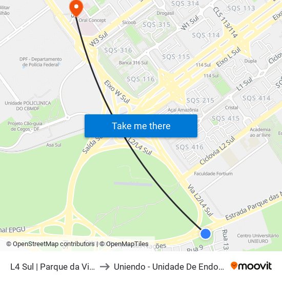 L4 Sul | Parque da Vila Telebrasília to Uniendo - Unidade De Endoscopia De Brasília map