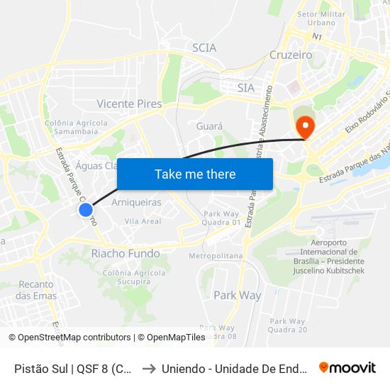 Pistão Sul | QSF 8 (Colégio Objetivo) to Uniendo - Unidade De Endoscopia De Brasília map