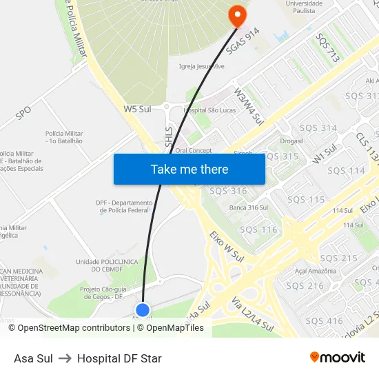 Asa Sul to Hospital DF Star map