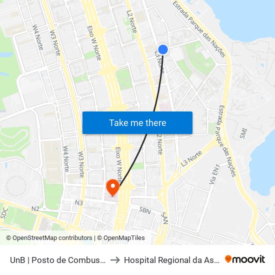 UnB | Posto de Combustíveis / Subway to Hospital Regional da Asa Norte (HRAN) map