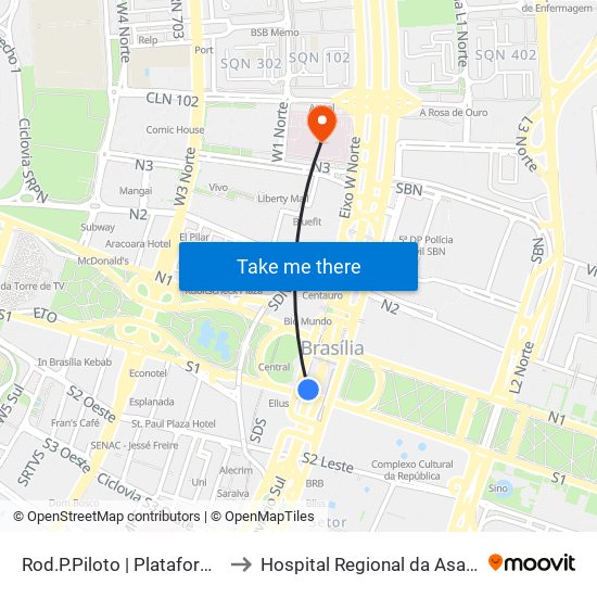 Rod.P.Piloto | Plataforma D (Box 16) to Hospital Regional da Asa Norte (HRAN) map