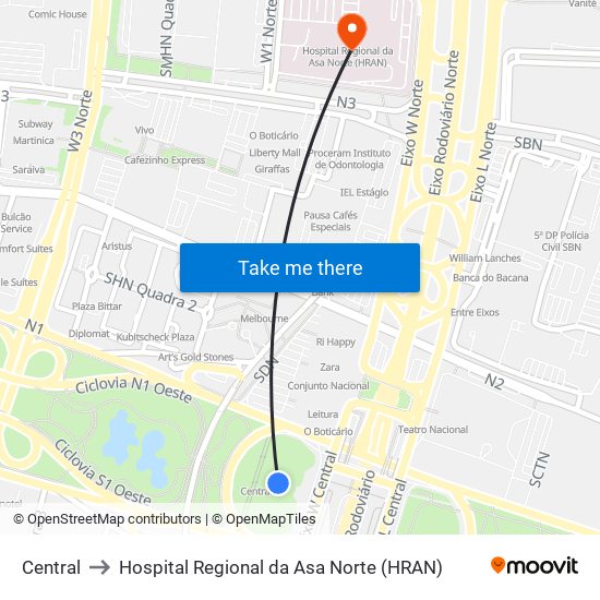 Central to Hospital Regional da Asa Norte (HRAN) map