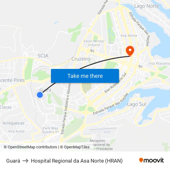 Guará to Hospital Regional da Asa Norte (HRAN) map