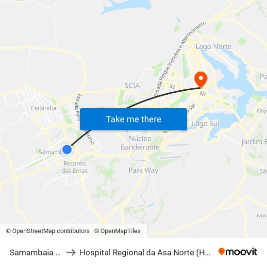 Samambaia Sul to Hospital Regional da Asa Norte (HRAN) map