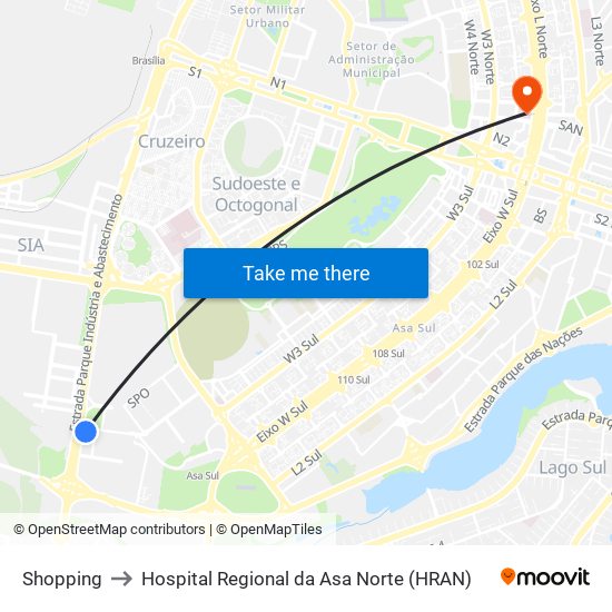 Shopping to Hospital Regional da Asa Norte (HRAN) map