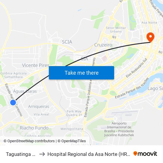 Taguatinga Sul to Hospital Regional da Asa Norte (HRAN) map