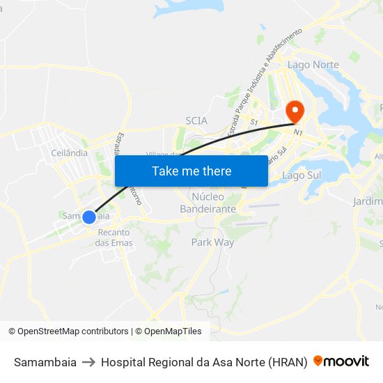 Samambaia to Hospital Regional da Asa Norte (HRAN) map