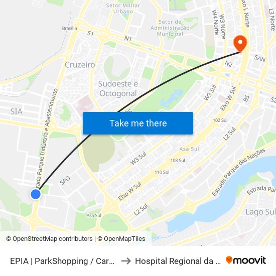 EPIA | ParkShopping / Carrefour (SEMIURBANO) to Hospital Regional da Asa Norte (HRAN) map