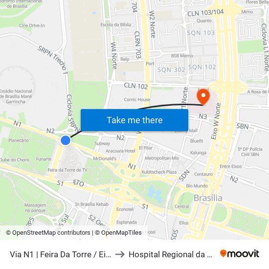 Via N1 | Feira Da Torre / Eixo Ibero-Americano to Hospital Regional da Asa Norte (HRAN) map