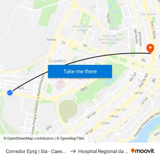 Corredor Eptg | Sia - Caesb (Sentido Taguatinga) to Hospital Regional da Asa Norte (HRAN) map