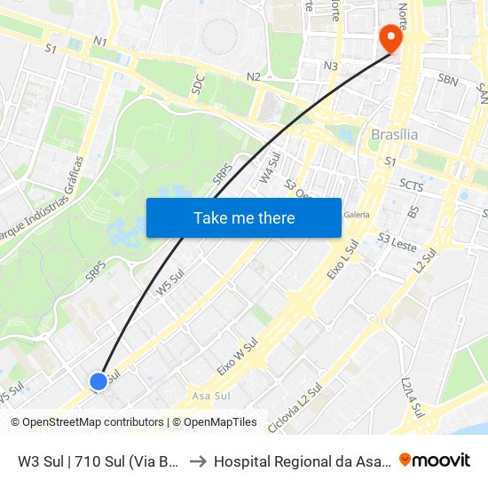 W3 Sul | 710 Sul (Via Brasil / CASEB) to Hospital Regional da Asa Norte (HRAN) map