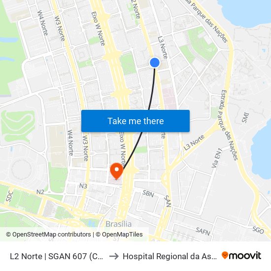 L2 Norte | SGAN 607 (CRE Plano Piloto) to Hospital Regional da Asa Norte (HRAN) map