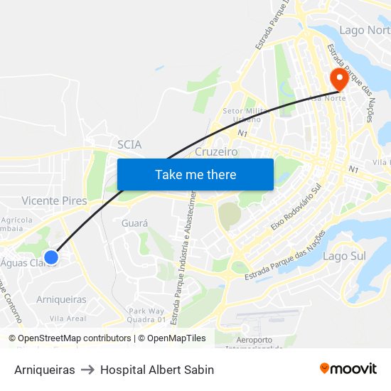 Arniqueiras to Hospital Albert Sabin map