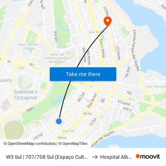 W3 Sul | 707/708 Sul (Espaço Cultural Renato Russo) to Hospital Albert Sabin map
