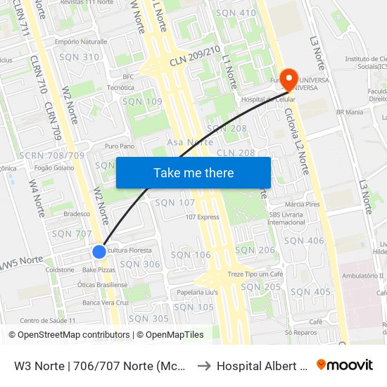 W3 Norte | 706/707 Norte (McDonald's) to Hospital Albert Sabin map