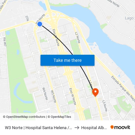 W3 Norte | Hospital Santa Helena / Santa Lúcia Norte to Hospital Albert Sabin map