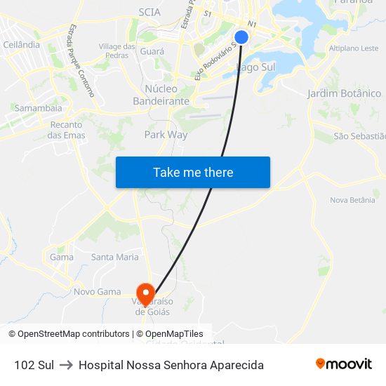 102 Sul to Hospital Nossa Senhora Aparecida map