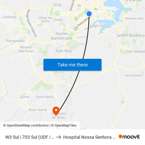 W3 Sul | 703 Sul (UDF / Big Box) to Hospital Nossa Senhora Aparecida map