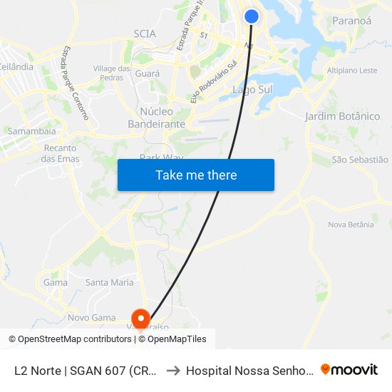 L2 Norte | SGAN 607 (CRE Plano Piloto) to Hospital Nossa Senhora Aparecida map