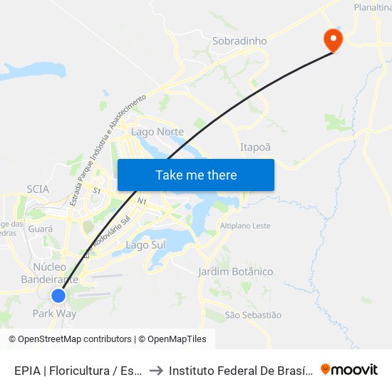 EPIA | Floricultura / Estação BRT Park Way to Instituto Federal De Brasília - Campus Planaltina map