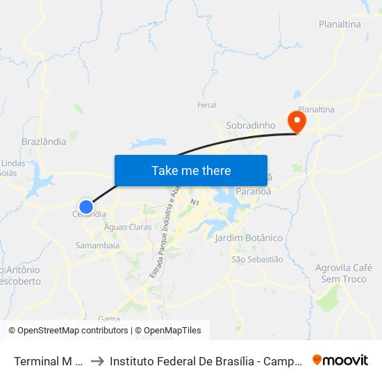 Terminal M Norte to Instituto Federal De Brasília - Campus Planaltina map