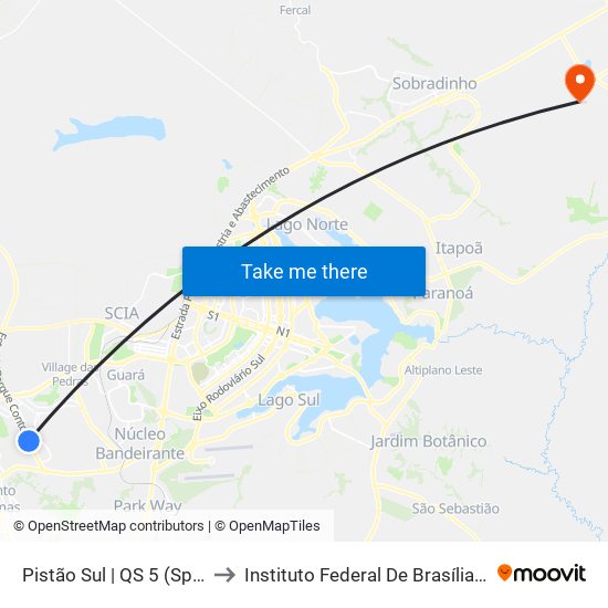 Pistão Sul | QS 5 (Spoleto / Subway) to Instituto Federal De Brasília - Campus Planaltina map
