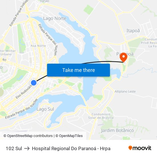 102 Sul to Hospital Regional Do Paranoá - Hrpa map