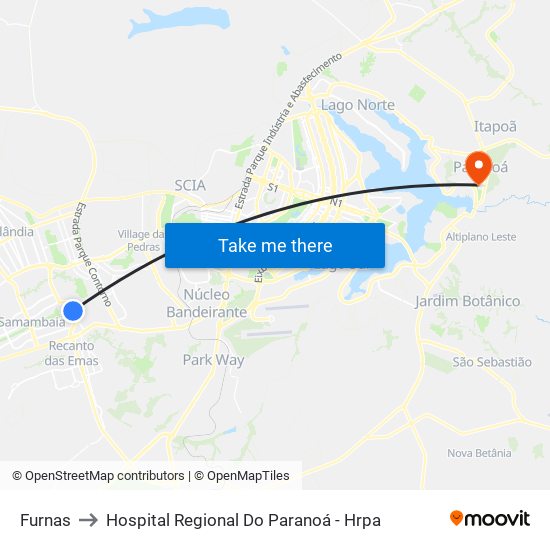 Furnas to Hospital Regional Do Paranoá - Hrpa map