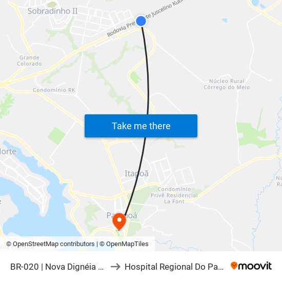 BR-020 | Nova Dignéia / Quadra 18 to Hospital Regional Do Paranoá - Hrpa map