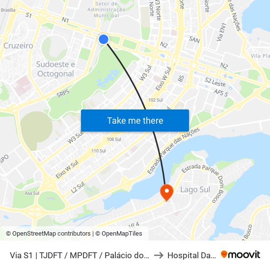 Via S1 | TJDFT / MPDFT / Palácio do Buriti to Hospital Daher map
