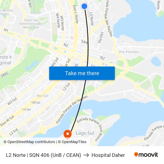 L2 Norte | SQN 406 (UnB / CEAN) to Hospital Daher map