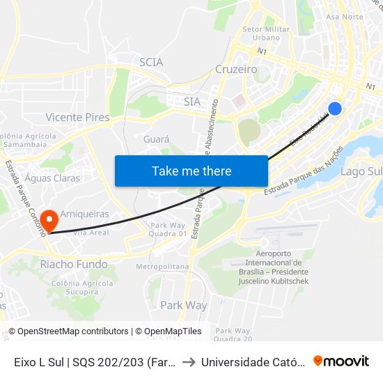 Eixo L Sul | SQS 202/203 (Farmácia de Alto Custo) to Universidade Católica De Brasília map