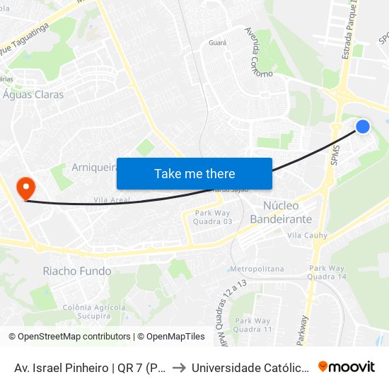 Av. Israel Pinheiro | QR 7 (Pizzaria Aurélio) to Universidade Católica De Brasília map