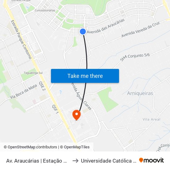 Av. Araucárias | Estação Águas Claras to Universidade Católica De Brasília map