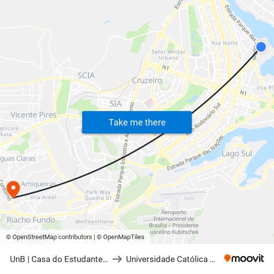 UnB | Casa do Estudante (Bloco A) to Universidade Católica De Brasília map